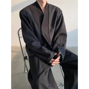 春季老钱风双扣开衫混纺毛边短款西服毛呢外套复古雅痞呢子西装潮图片