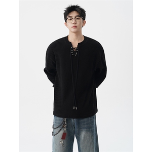 肌理感竖条纹v领系带针织衫男宽松长袖T恤上衣打底衫 CX3007P58图片