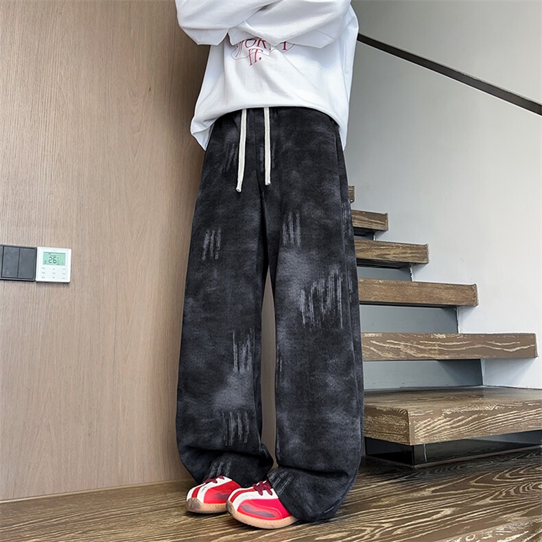 美式扎染蟒纹水墨印花裤子男秋季潮牌宽松垂坠感直筒阔腿休闲长裤,男装休闲裤,电商D229A