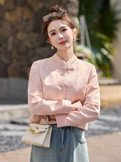 洋气粉色新中式盘扣外套女2025春秋新款气质显瘦立领提花上衣，女装短外套，芭米依尚