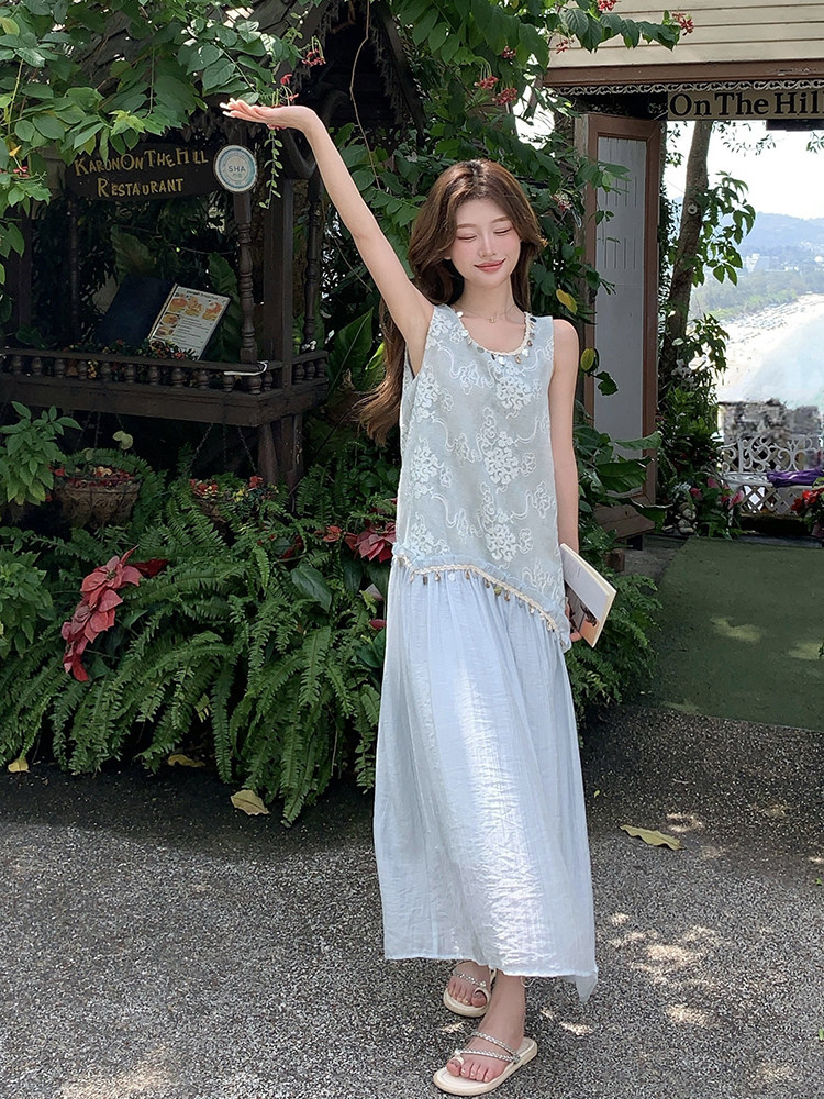 绝美漂亮无袖拼接背心连衣裙女夏2025新款湖绿色流行爆款少女长裙,女装连衣裙,韩蜜菓