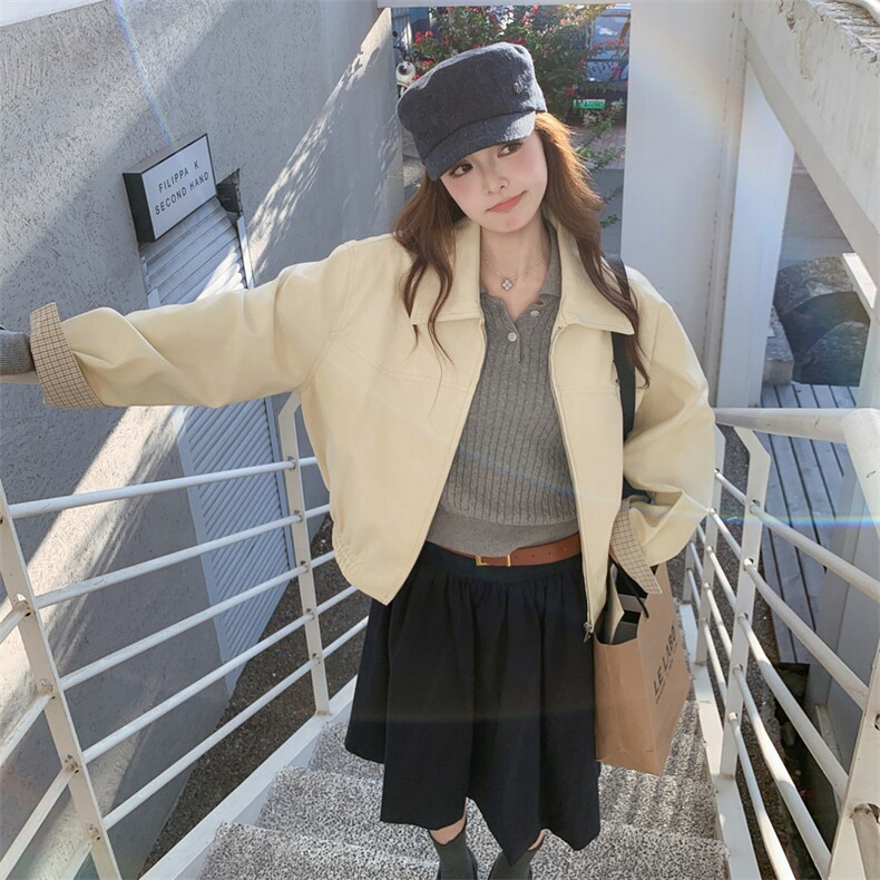 韩系休闲翻领夹克女2025秋季新款超好看百搭减龄小个子短款外套潮,女装皮衣,2C058
