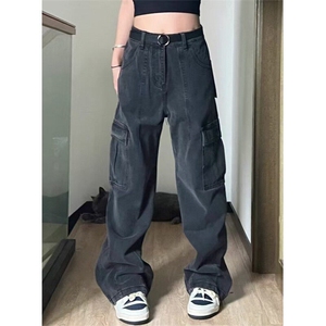 直筒工装牛仔裤女2025新款hiphop高腰宽松拖地阔腿裤子 KA1092图片