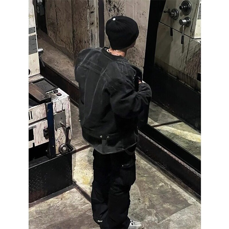 美式高街短款牛仔外套男春秋款拉链设计感垫肩牛仔衣vintage夹克,男装夹克,星座506A