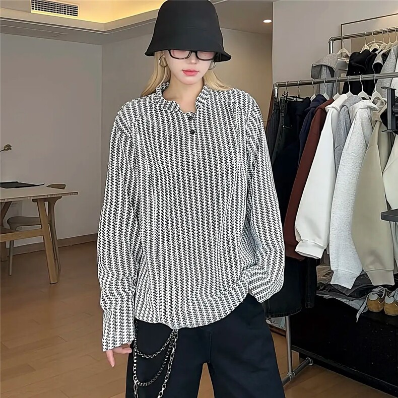 春季亨利领长袖T恤男美式复古重磅卫衣千鸟格情侣外套LWY300-P36图片