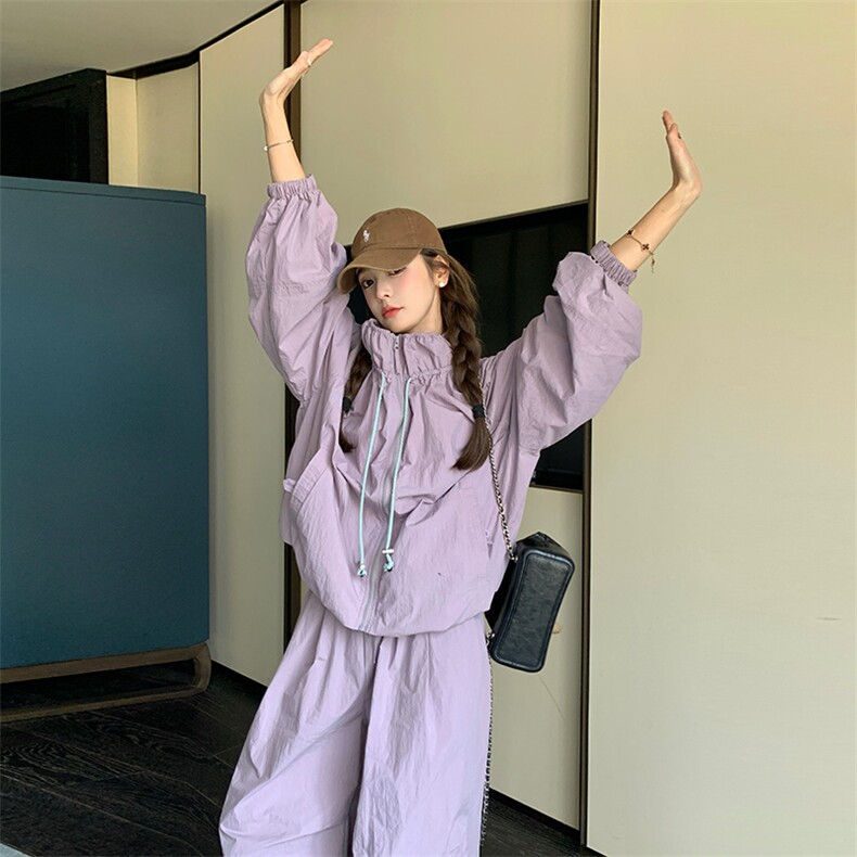今年流行紫色冲锋衣外套女早秋2025新款百搭休闲风显瘦工装裤套装,女装套装/套裙,纯色衣恋