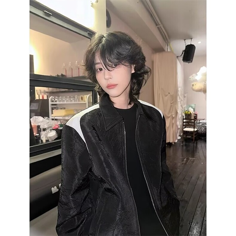高级感撞色拼接褶皱夹克港风chic轻奢休闲飞行外套男生JKS06,男装夹克,星座516A