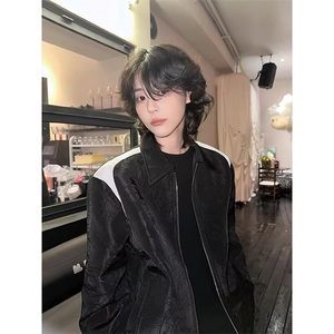 高级感撞色拼接褶皱夹克港风chic轻奢休闲飞行外套男生JKS06图片