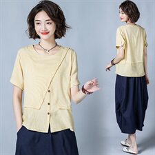 2025年新款女装夏季裤黄色短袖衬衫上衣短裤休闲时尚女，女装蕾丝衫/雪纺衫，风姿绰