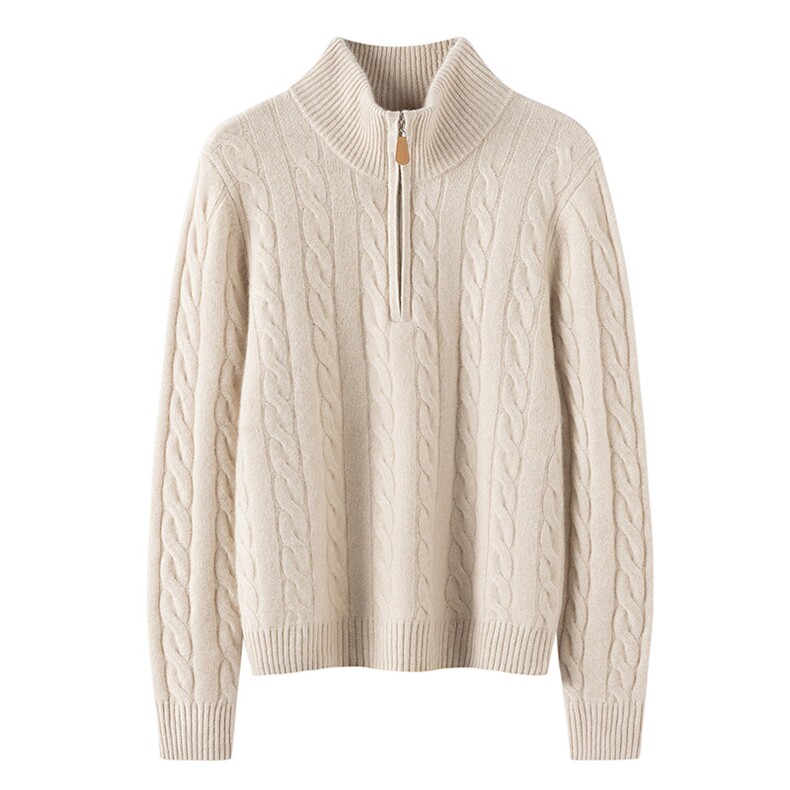 2025年秋季新款百搭厚款立领半拉链麻花衫，女装羊绒衫，珍丝贝尔