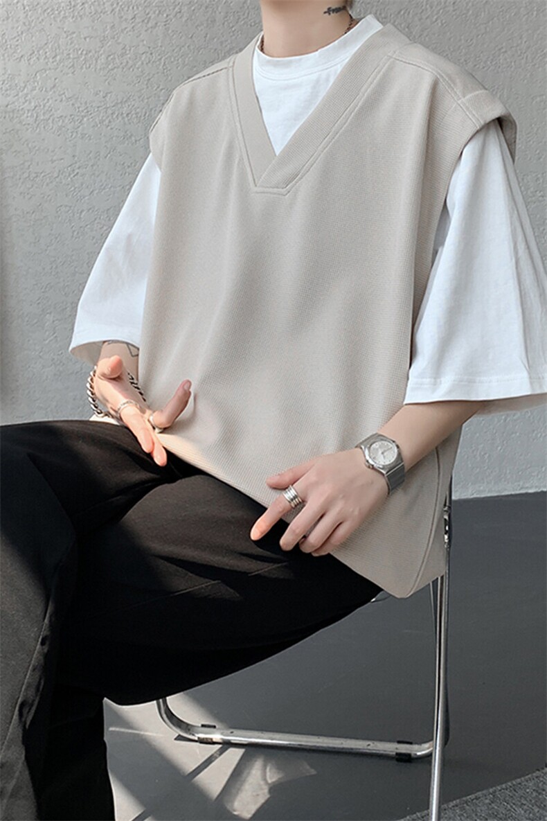 港风日系假两件短袖t恤男夏季重磅设计感小众半袖体恤DT003P48,男装T恤,电商B312
