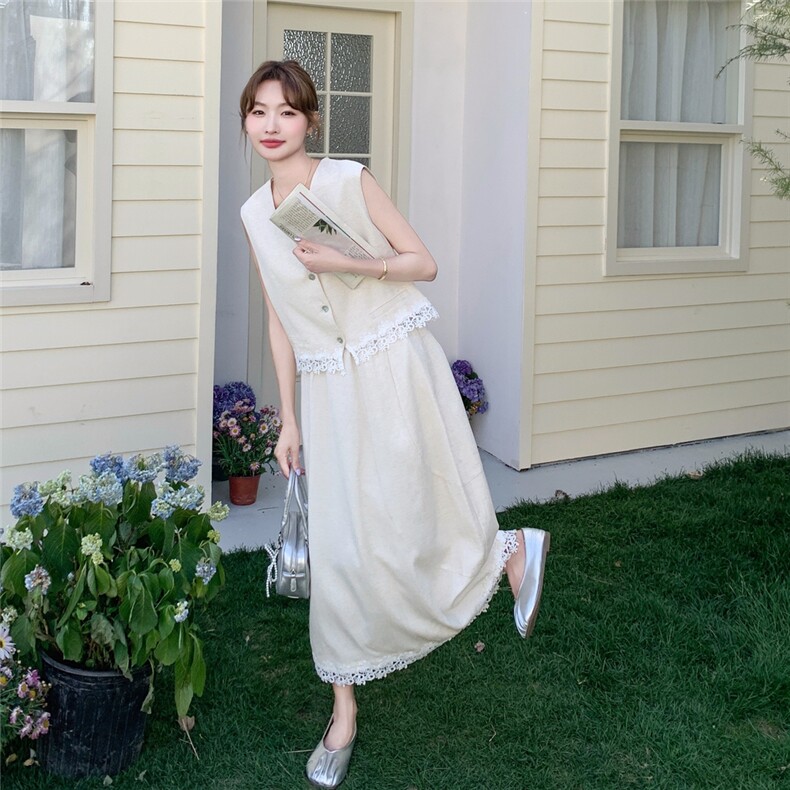甜美米色蕾丝拼接马甲套装裙女夏2025新款韩版高级感半身裙两件套,女装套装/套裙,2D045