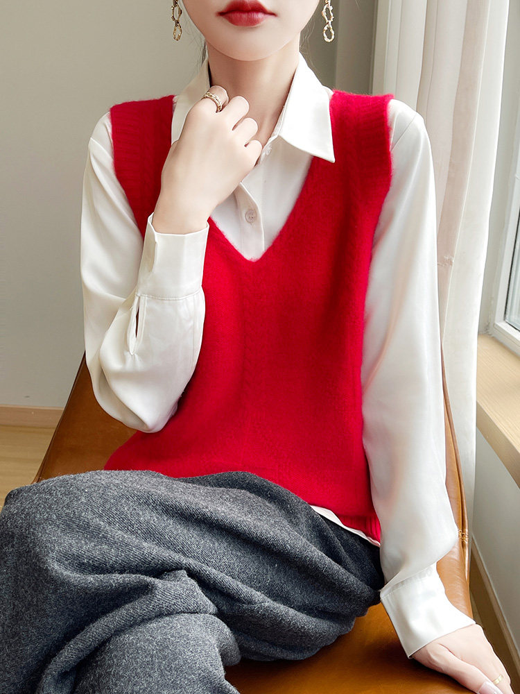 v领新款菱形针织马甲女无袖纯色马甲简约百搭宽松套头,针织衫/毛衣,戎洋