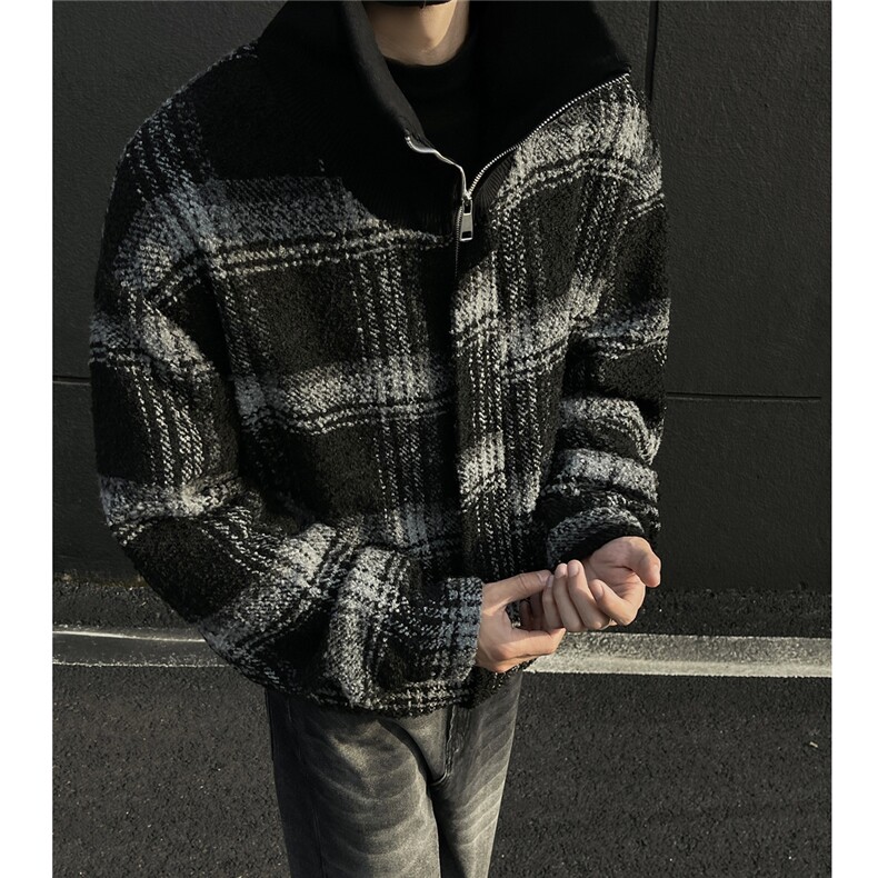 美式高领防风复古外套粗纺小香风格子编制秋冬夹克829P115,男装夹克,电商A458A