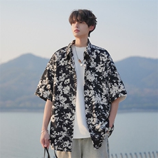 胖胖哥新中式短袖花衬衫男夏季国潮印花休闲衬衣男生大码宽松外套，男装衬衫，电商A001