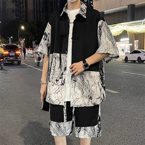 特批P61无差价夏季新中式拼接水墨画冰丝宽松休闲五分套装男TZ341图片