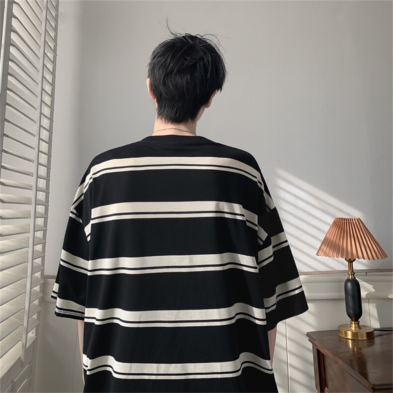 日系条纹短袖t恤男潮牌夏季圆领宽松情侣半袖体恤上衣AT722-P35,男装T恤,星座1008-1