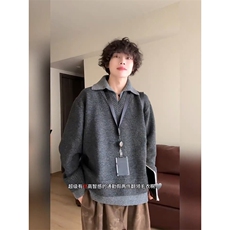 重磅北极绒假两件衬衫领毛衣美式高街复古休闲慵懒纯色翻领针织衫，男装针织衫/毛衣，电商A486