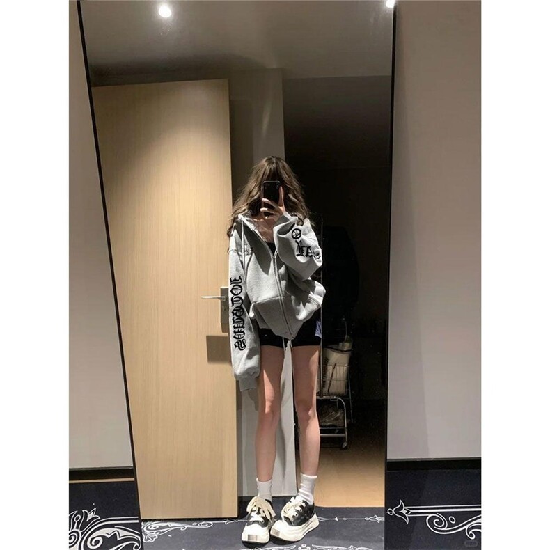 美式复古哥特风十字架刺绣外套女春秋情侣小众高街华夫格开衫卫衣,女装短外套,星座506A