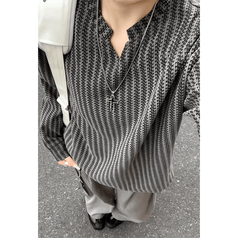 美式高街千鸟格子长袖T恤男女亨利V领英伦雅痞休闲宽松长袖打底衫，男装T恤，电商A443