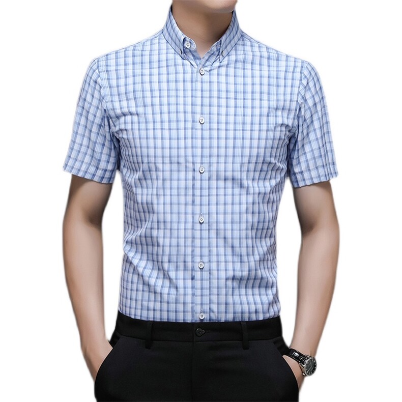 DN22105限价108元夏季男式薄款短袖衬衣修身休闲免烫格子衬衫P60,男装衬衫,电商B360