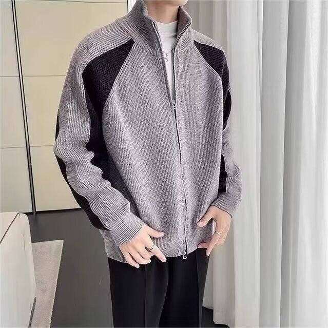 8228-P66慵懒风宽松撞色针织开衫毛衣秋冬季简约新款百搭外套,男装T恤,电商B323A