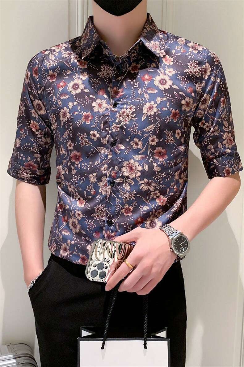 店主风社会小伙男士修身印花中袖衬衫男休闲衬衣301A-1/CS386/P55,男装衬衫,星座301A-1