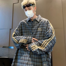 格子衬衫男士韩版潮流三条杠拼色宽松2024秋冬ins外套CY1029-P62，男装衬衫，星座412-2