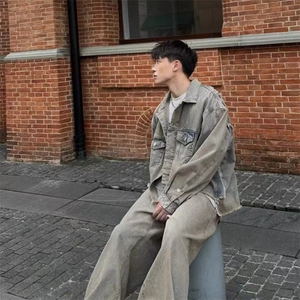 2026新款美式高街ersize水洗做旧复古牛仔外套男士百搭潮流夹克图片