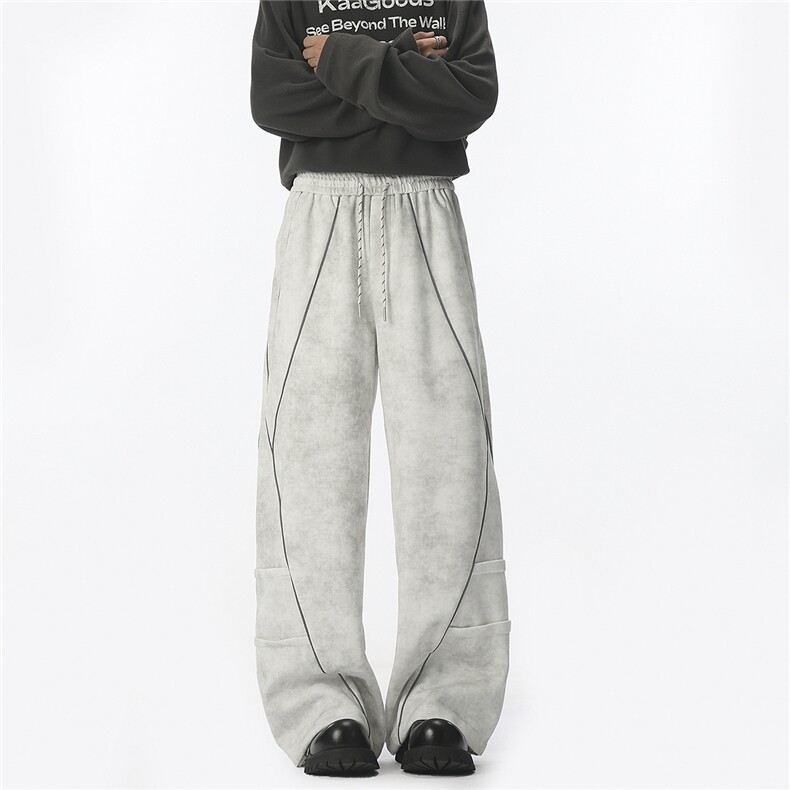 拼接反光条设计阔腿弯刀直筒裤大码M-5XL潮牌卫裤WK78065P68控108，男装休闲裤，星座226-1