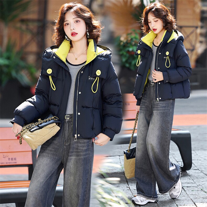 藏青色休闲连帽短款羽绒服女2025冬季新款宽松加厚保暖白鸭绒外套,女装羽绒服,歌伊格美