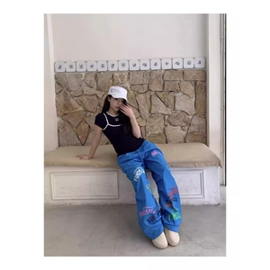 夏季薄款蓝色休闲阔腿美式运动裤透气轻薄欧美休闲裤女图片