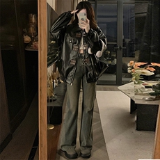 A343-P120美式复古皮衣男女春秋设计感宽松机车PU皮夹克潮，男装夹克，星座911