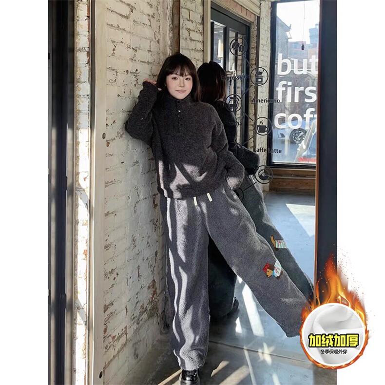 冬季美式刺绣羊羔毛棉裤男女情侣加绒加厚保暖宽松休闲阔腿长裤子，男装棉衣，电商A443