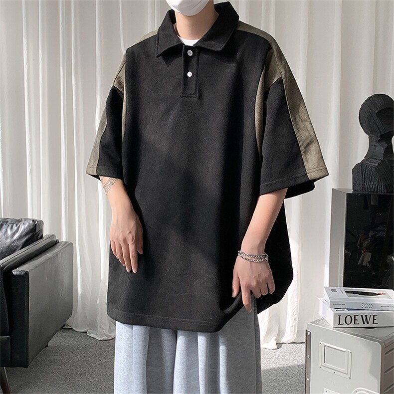 A177-T515夏季新款麂皮绒拼接男生短袖POLO衫94%聚酯纤维6%氨纶,男装Polo衫,电商A177