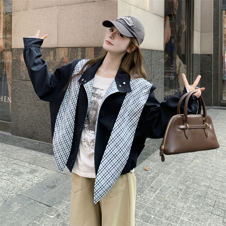 26春新款现-英伦风格子拼接撞色飘带宽松外套2606-P160K258,女装短外套,2B190