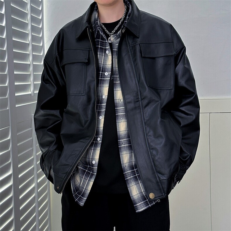 现货-秋冬高品质皮衣外套男宽松休闲翻领皮夹克A150P95绒105，男装夹克，电商A351