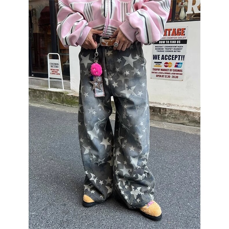 美式水洗星星满印阔腿工装裤男女宽松休闲百搭质感长裤LB1811-P55图片