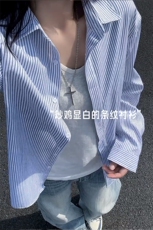 【网图】B221美式ins高街暗黑宽松条纹长袖衬衫SY2551-特P30控59，男装衬衫，电商B221