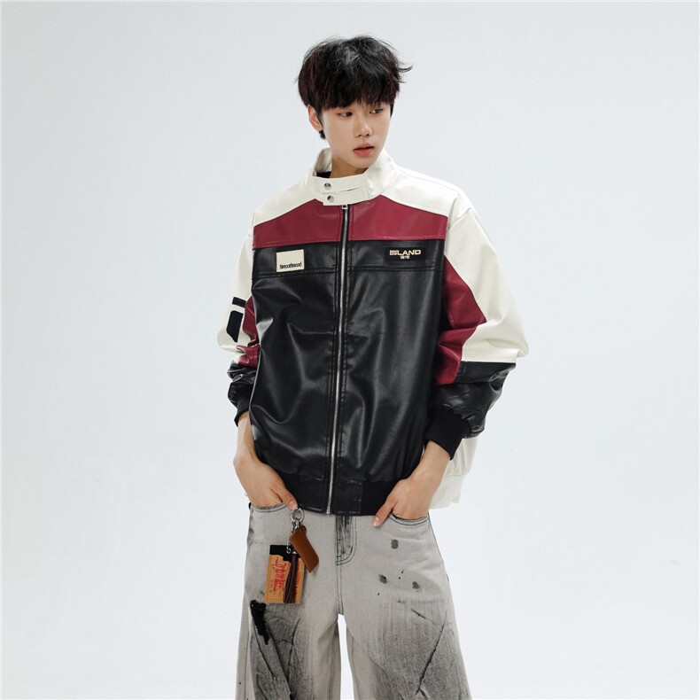 GC0737-P70拼接撞色pu皮衣飞行员夹克情侣痞帅高级机车骑行服外套,男装皮衣,电商C233