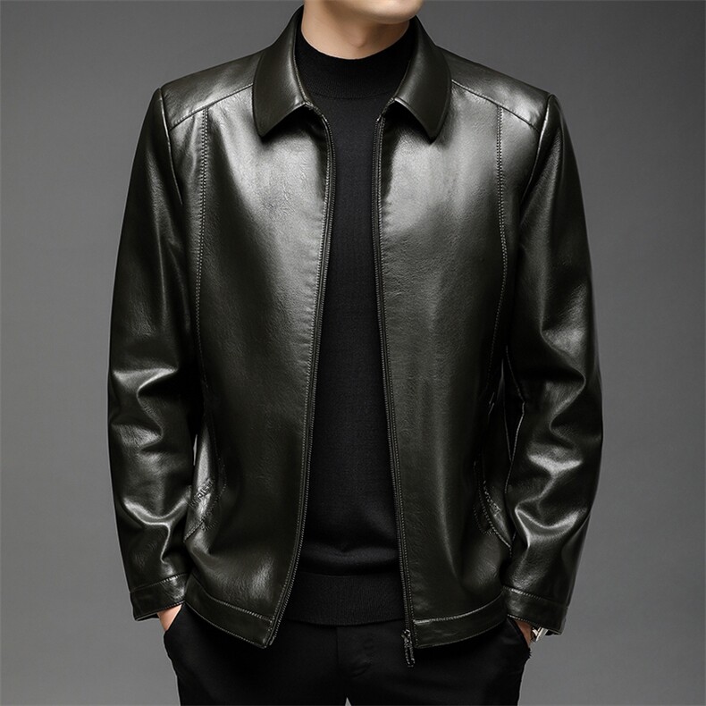 男士2023春季新款皮衣男翻领皮衣商务休闲纯色外套中年男装上衣,男装皮衣,电商B212（原钱塘6029）