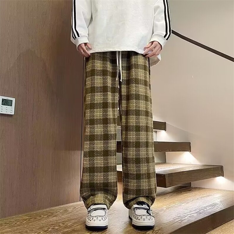 美式复古法格子裤男春秋潮牌绿色小香风裤子直筒休闲长裤,男装休闲裤,星座1013