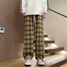 美式复古法格子裤男春秋潮牌绿色小香风裤子直筒休闲长裤，男装休闲裤，星座1013