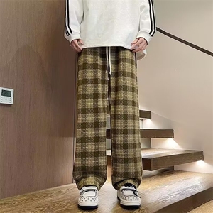 美式复古法格子裤男春秋潮牌绿色小香风裤子直筒休闲长裤图片