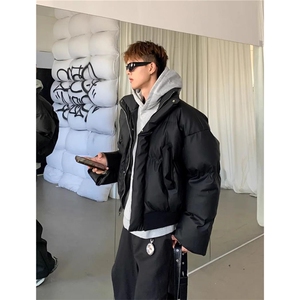 现货5W件冬季三防重磅硬挺boxy短款羽绒立领PU皮棉衣外套加厚棉服图片