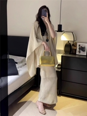 2025年秋季两件套V领吊带连衣裙时尚法式吊带披肩套装，女装套装/套裙，织己羊绒