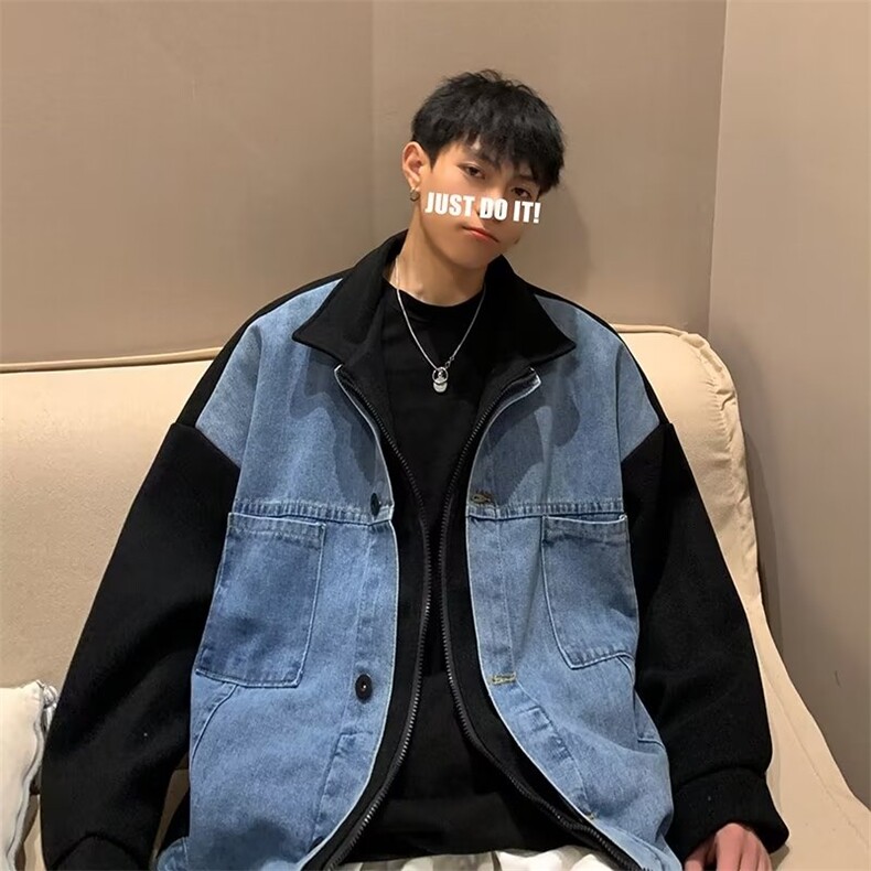 假两件牛仔外套男秋季潮牌设计感拼接港风韩版潮流宽松休闲夹克衫图片