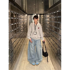 S4129-P48港风做旧毛边牛仔裤女春秋宽松直筒阔腿长裤小众，男装牛仔裤，电商B323A