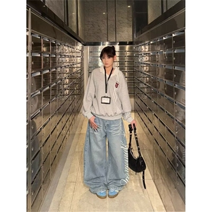 S4129-P48 港风做旧毛边牛仔裤女春秋宽松直筒阔腿长裤小众图片
