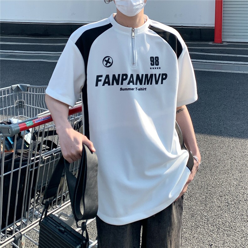 2026夏装新款薄款金属拉链拼接印花五分袖T恤T6605/特P30白色,男装T恤,电商A094